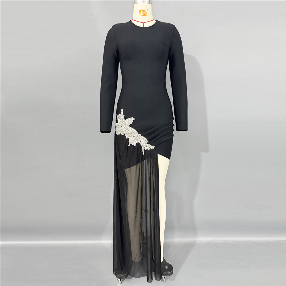 Round high neck long sleeved bandage skirt mesh dress splicing heavy metal European and American tight sexy women's clothing foreign trade Round high neck long sleeved bandage skirt mesh dress splicing heavy metal European and American tight sexy women's clothing foreign trade