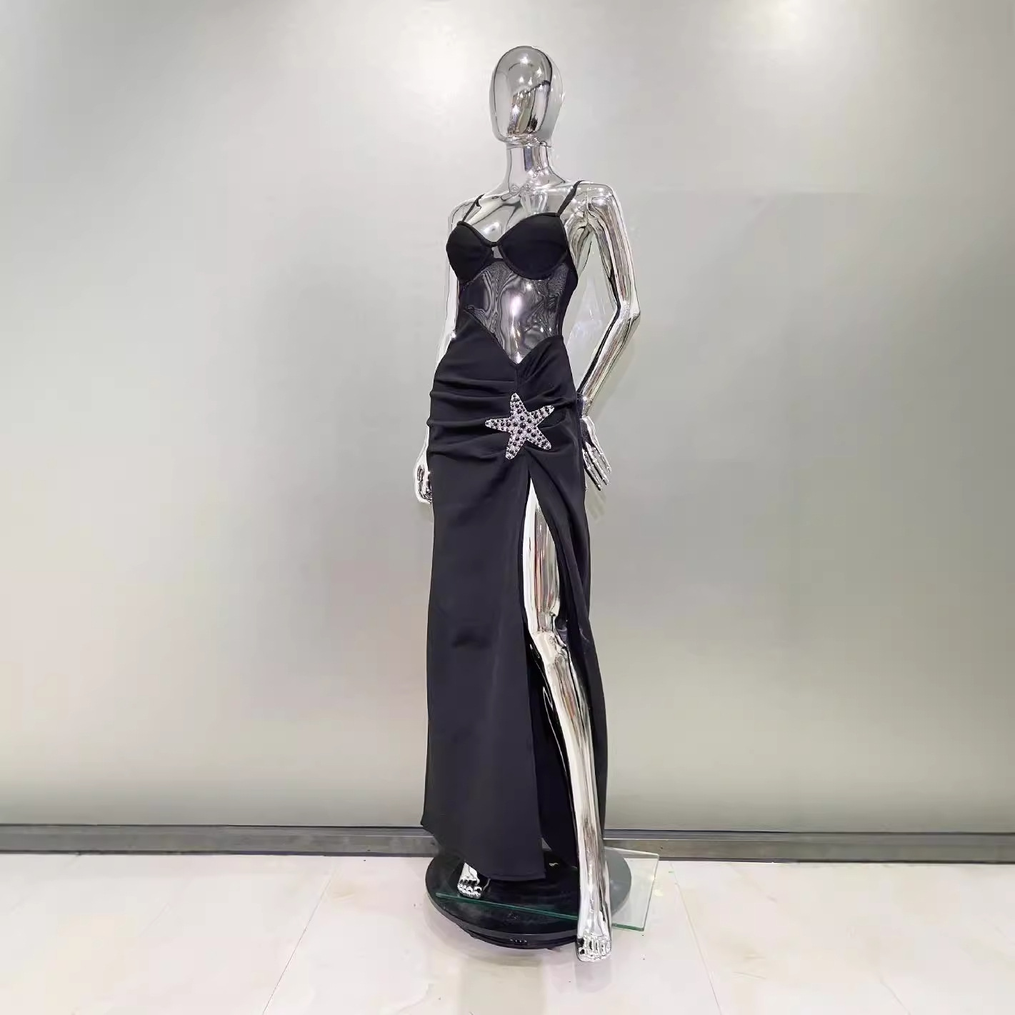 2024 Sexy Mesh Perspective V-neck Strap High Split Strap Long Dress European and American Fashion Party Evening 2024 Sexy Mesh Perspective V-neck Strap High Split Strap Long Dress European and American Fashion Party Evening