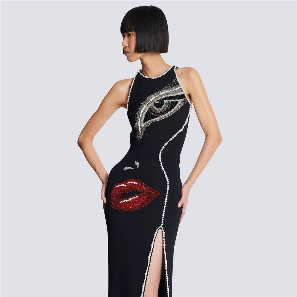 European and American fashion new product sexy hot stamping diamond slit bandage dress sexy evening dress European and American summer fashion women's clothing