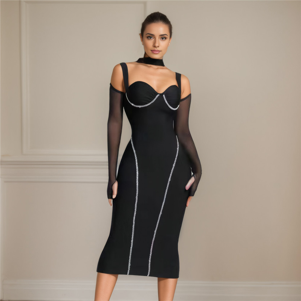 New bandage dress with European and American slit, elegant and sexy evening gown temperament, slim fit and fashionable women's clothing New bandage dress with European and American slit, elegant and sexy evening gown temperament, slim fit and fashionable women's clothing
