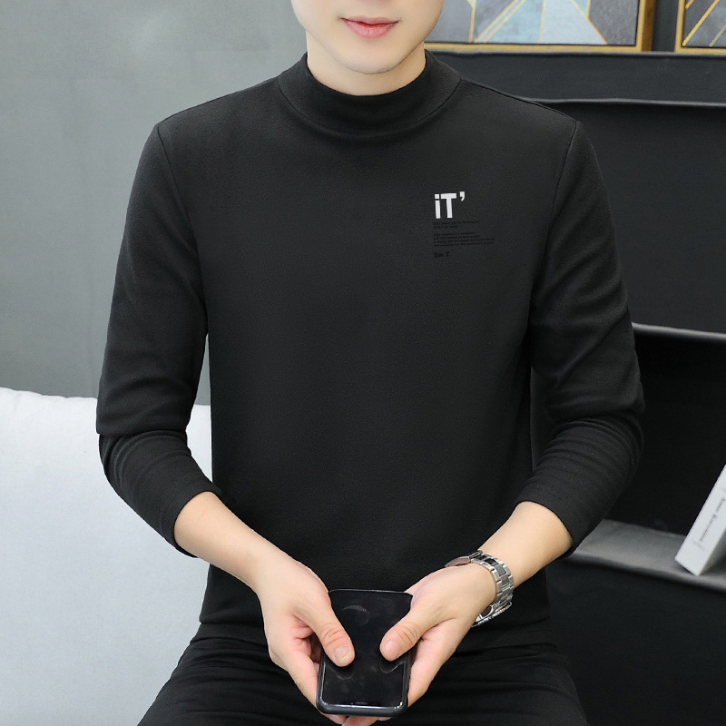 New autumn and winter middle-aged and elderly men's plush thickened warm semi high neck German velvet fashionable trend casual base shirt