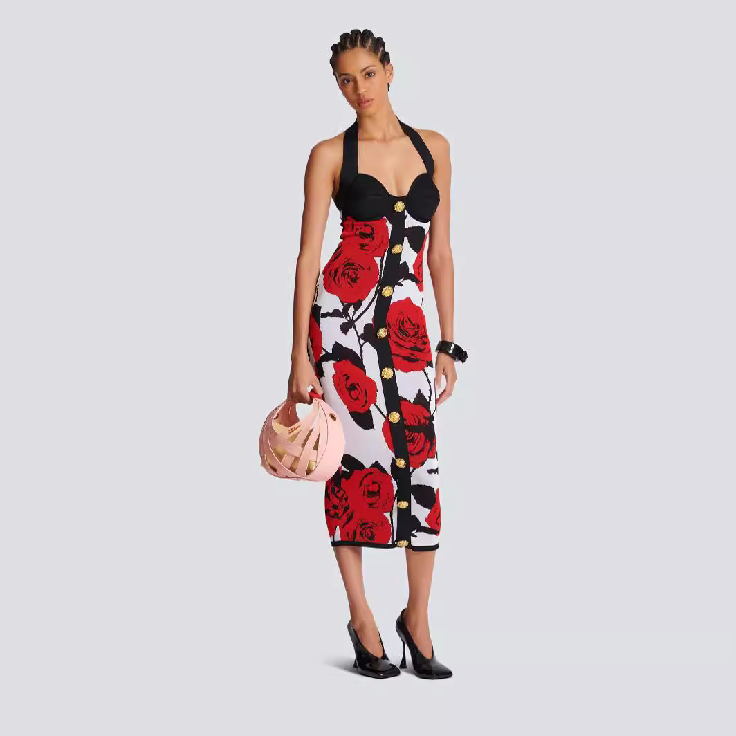 Bandage jacquard dress with hanging neck and exposed back, European and American B home rose high-end slim fit and slimming effect