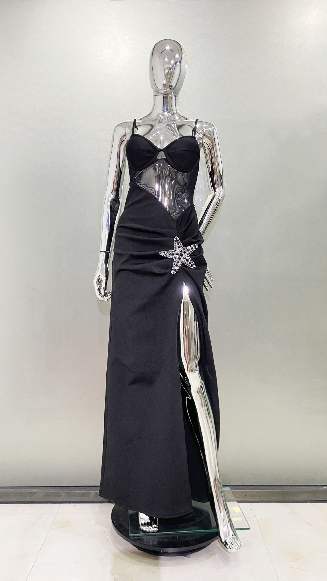 2024 Sexy Mesh Perspective V-neck Strap High Split Strap Long Dress European and American Fashion Party Evening 2024 Sexy Mesh Perspective V-neck Strap High Split Strap Long Dress European and American Fashion Party Evening