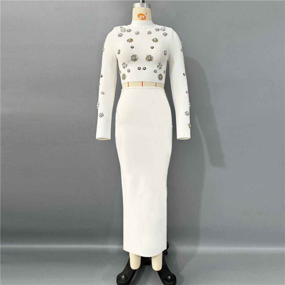 Cross border European and American new two-piece women's fashion color diamond nail bead long sleeved top long skirt bandage set Cross border European and American new two-piece women's fashion color diamond nail bead long sleeved top long skirt bandage set