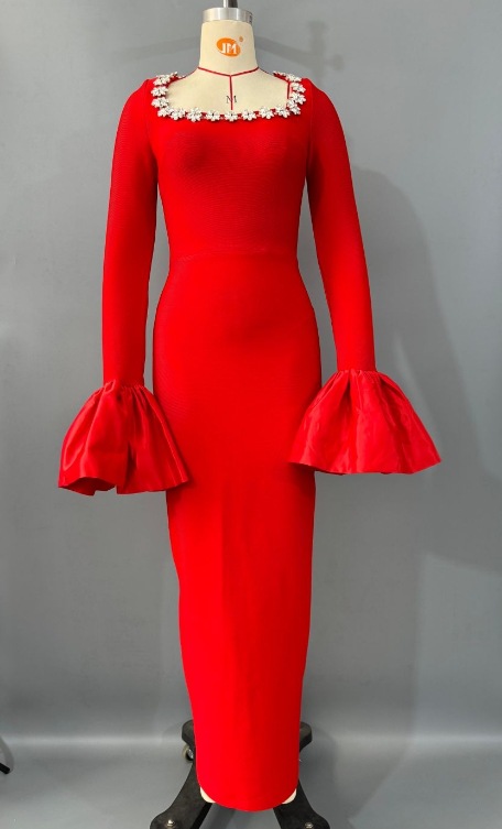 European and American hip bandage dress, slim fit sexy trumpet long sleeved diamond cut women's square neck fashionable temperament evening dress European and American hip bandage dress, slim fit sexy trumpet long sleeved diamond cut women's square neck fashionable temperament evening dress