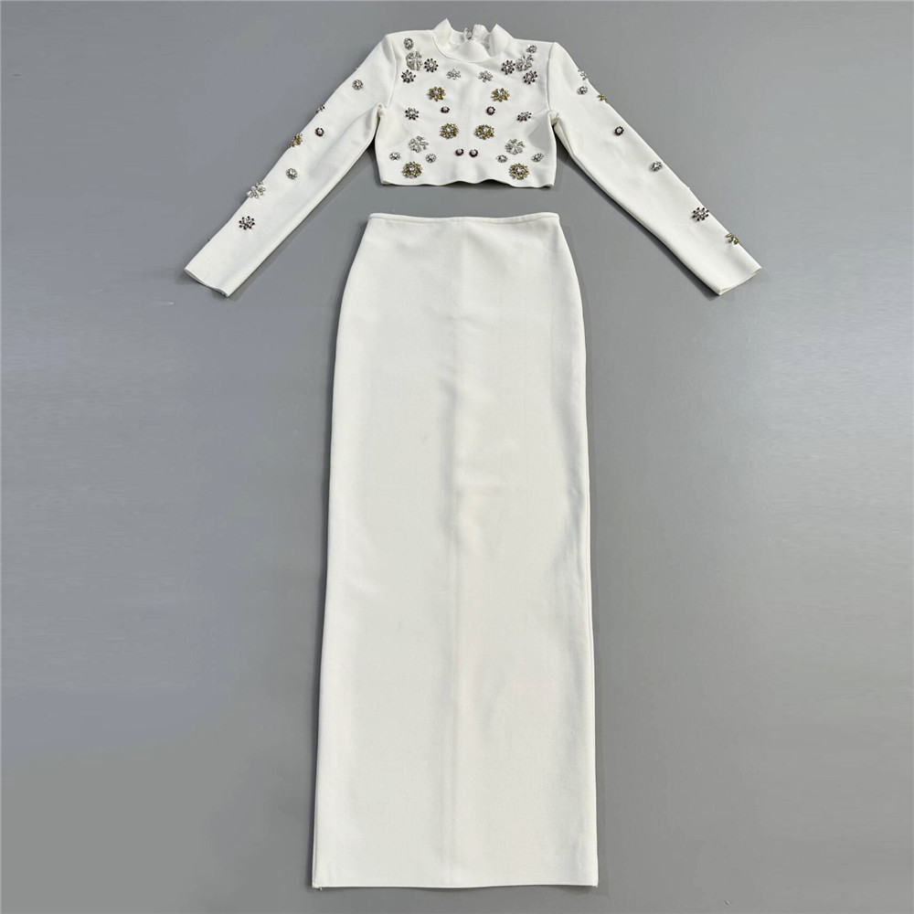 Cross border European and American new two-piece women's fashion color diamond nail bead long sleeved top long skirt bandage set Cross border European and American new two-piece women's fashion color diamond nail bead long sleeved top long skirt bandage set