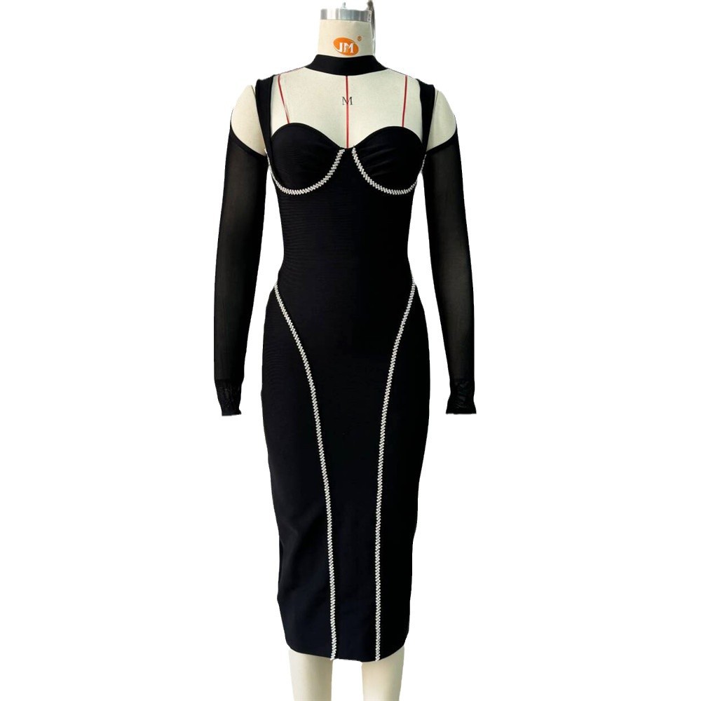 New bandage dress with European and American slit, elegant and sexy evening gown temperament, slim fit and fashionable women's clothing New bandage dress with European and American slit, elegant and sexy evening gown temperament, slim fit and fashionable women's clothing