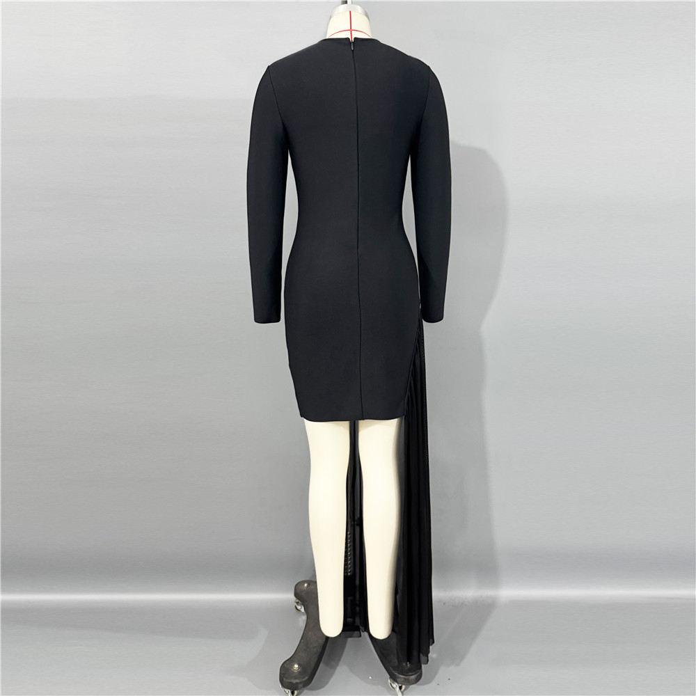 Round high neck long sleeved bandage skirt mesh dress splicing heavy metal European and American tight sexy women's clothing foreign trade Round high neck long sleeved bandage skirt mesh dress splicing heavy metal European and American tight sexy women's clothing foreign trade