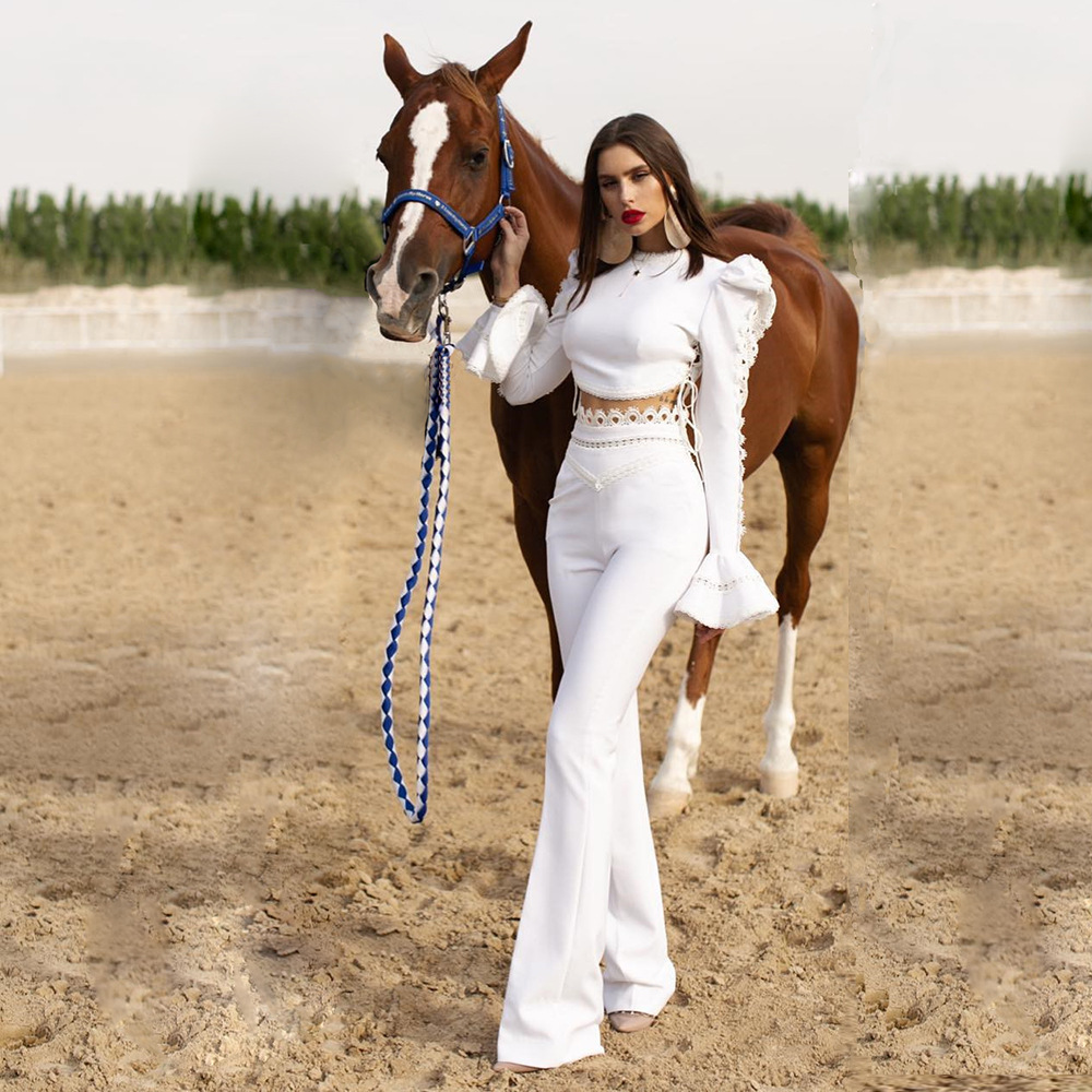 Cross border wholesale fashion women's tight bandage set long sleeved top flared pants two-piece set AliExpress Cross border wholesale fashion women's tight bandage set long sleeved top flared pants two-piece set AliExpress