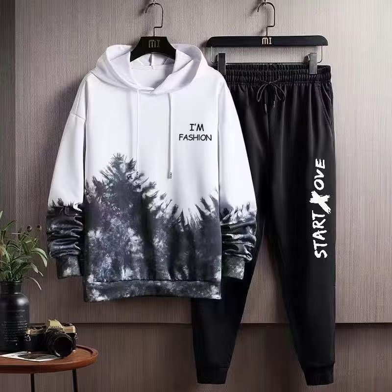 Hooded sweatshirt set for men's autumn new trend tie dye gradient print men's coat student long sleeved top