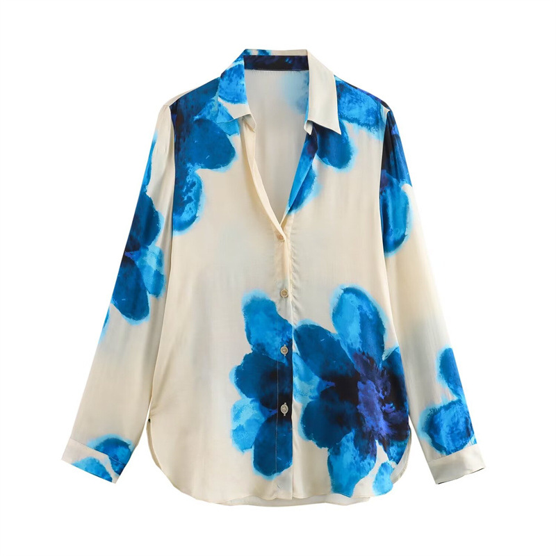 Foreign Trade 2024 Spring New Women's Clothing European and American Silk Texture Flower Printed Shirt Straight Pants Set for Women Foreign Trade 2024 Spring New Women's Clothing European and American Silk Texture Flower Printed Shirt Straight Pants Set for Women