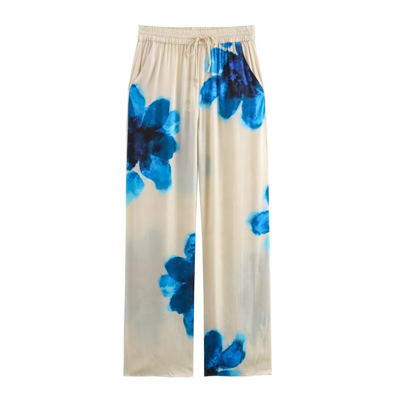Foreign Trade 2024 Spring New Women's Clothing European and American Silk Texture Flower Printed Shirt Straight Pants Set for Women Foreign Trade 2024 Spring New Women's Clothing European and American Silk Texture Flower Printed Shirt Straight Pants Set for Women