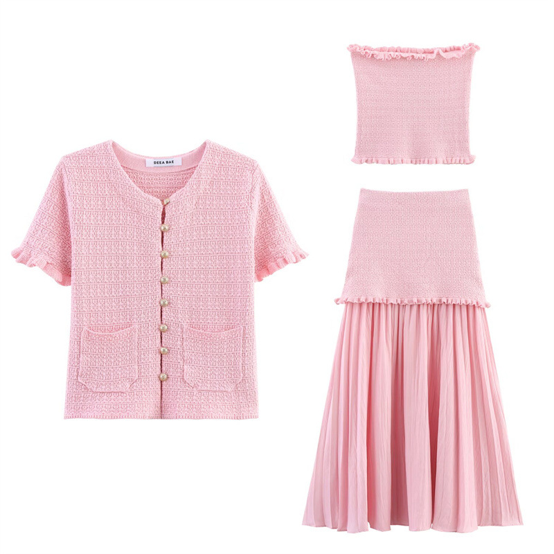 Foreign trade 2025 summer new women's clothing European and American knitted T-shirt elastic strapless skirt set for women 4192041 Foreign trade 2025 summer new women's clothing European and American knitted T-shirt elastic strapless skirt set for women 4192041