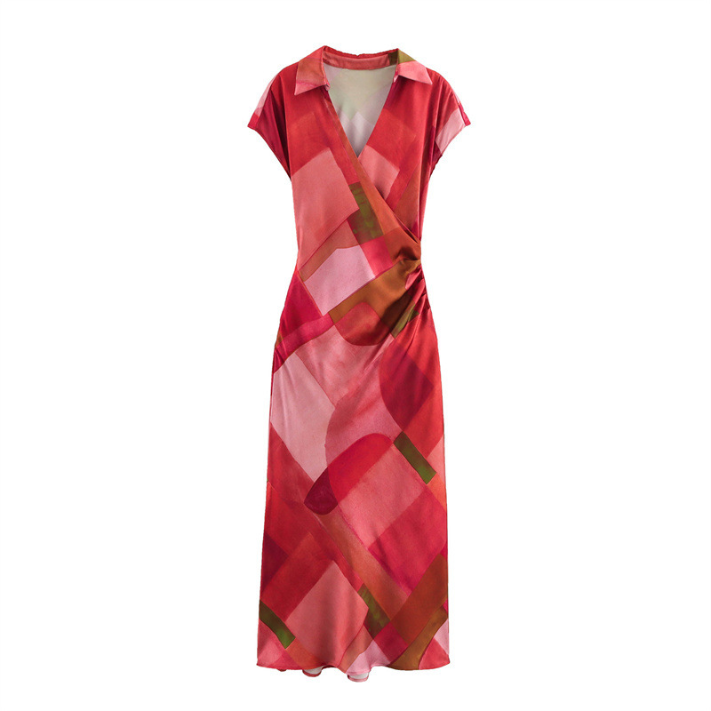 Foreign Trade 2025 Spring/Summer New European and American Style Women's Fashion Geometric Printing Silk Texture Dress 2625188