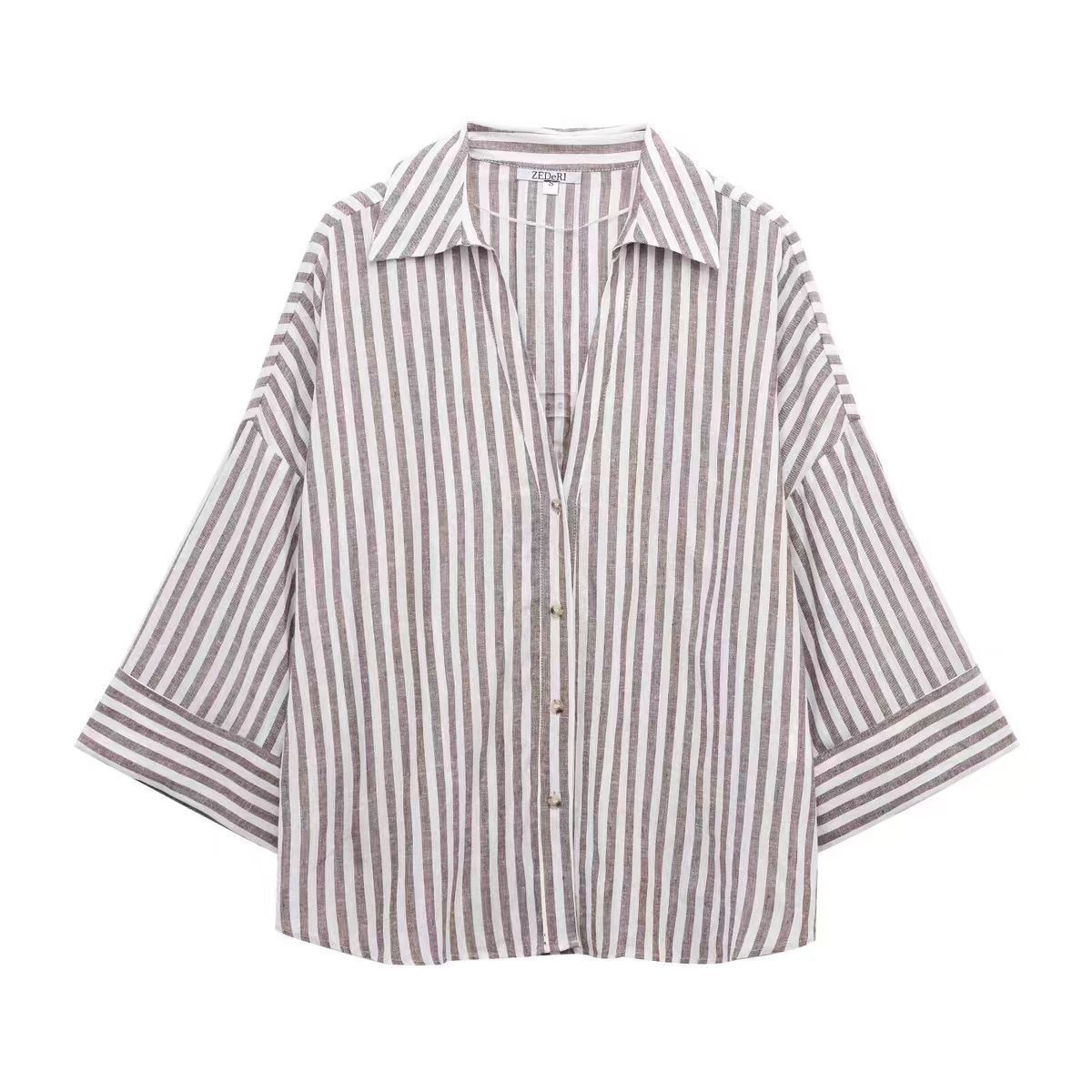 Foreign Trade 2025 Summer Women's Fashion European and American Loose Single breasted Collar Striped Wide Sleeve Shirt for Women 2340939 Foreign Trade 2025 Summer Women's Fashion European and American Loose Single breasted Collar Striped Wide Sleeve Shirt for Women 2340939