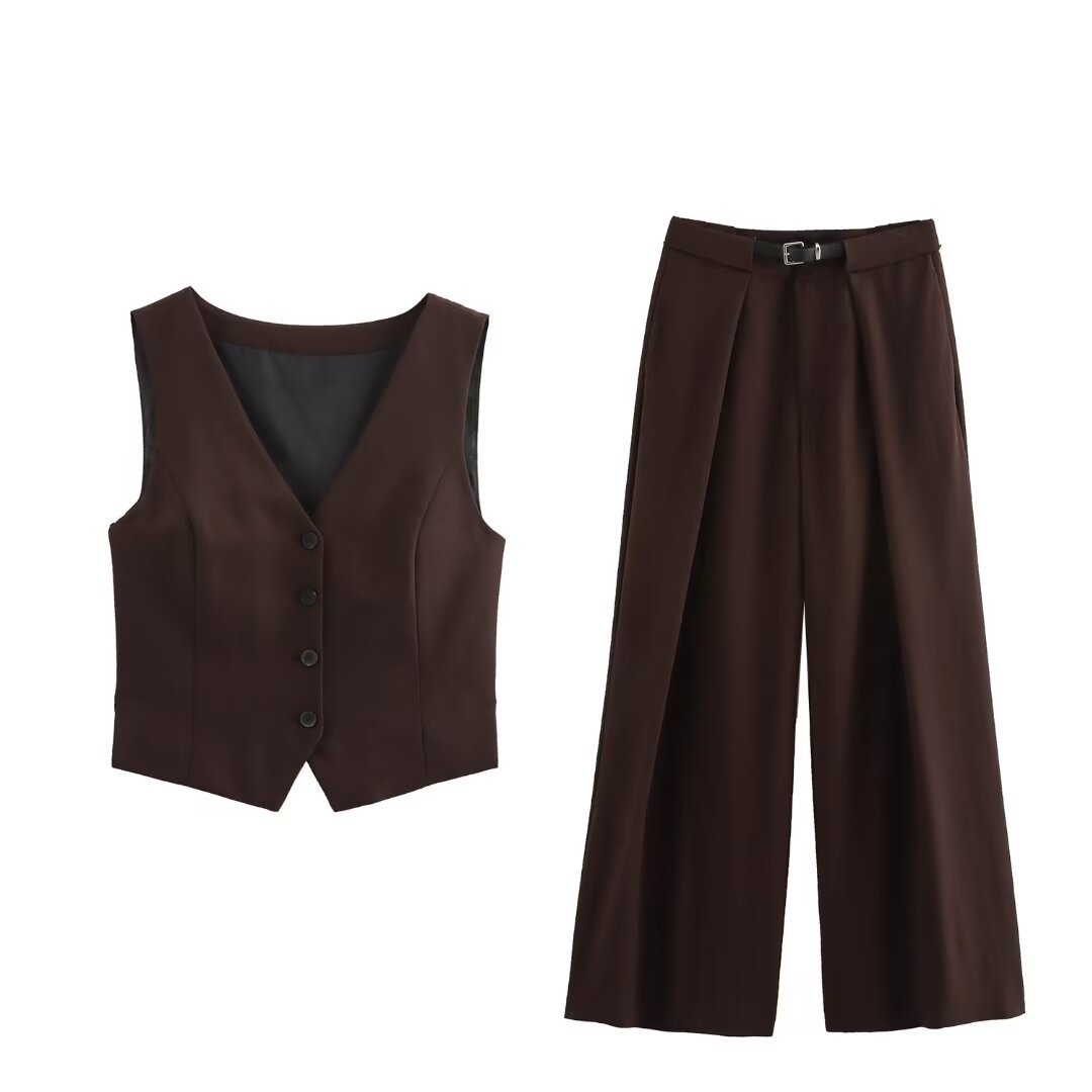 Amazon wholesale summer new V-neck single breasted vest with waistband and wide leg pants set for women