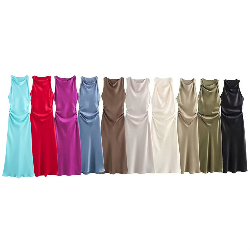 Foreign Trade 2024 Spring New European and American Fashion Round Neck Sleeveless Black Silk Texture Dress for Women 8372090