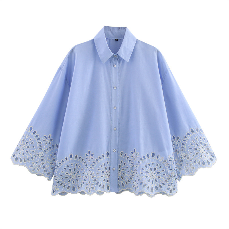 Foreign Trade 2025 Spring/Summer New European and American Style Women's Fashion Casual Hollow Embroidery Long Sleeve Poplin Shirt 2435806