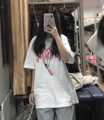 European and American Hong Kong style letter short sleeved T-shirt for women, Ins trendy loose fit Korean version Harajuku trend brand fried street half sleeved sweet and spicy top