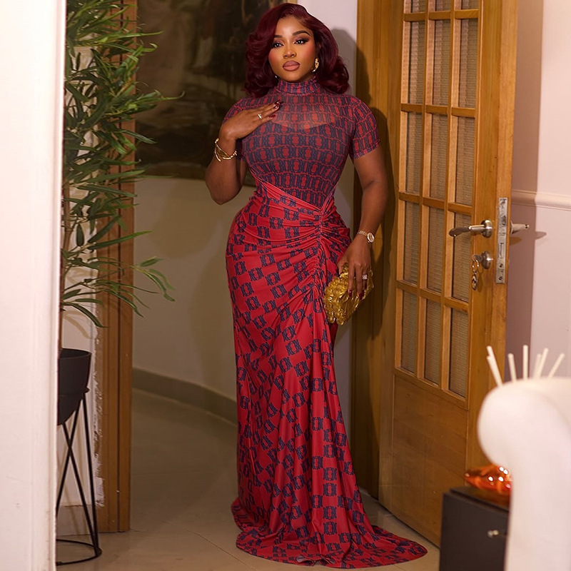 Cross border slim fit waist cinching women's clothing with European and American style, see through splicing, versatile hip hugging skirt, pleated printed high neck long dress