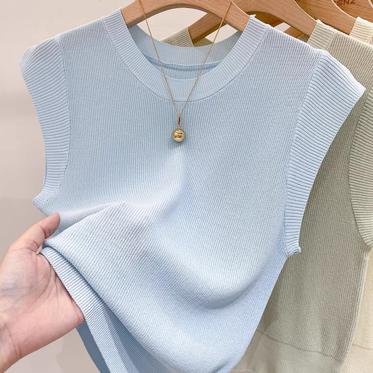 2024 Summer New Ice Silk Thin Shoulder Sleeveless Pink Round Neck Small Flying Sleeve Knitted Shirt Women's Short Sleeve Top Trendy