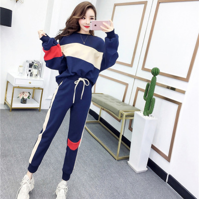 2022 Korean version new autumn fashion color blocked long sleeved sweatshirt long pants two-piece set women's loose casual sports suit 2022 Korean version new autumn fashion color blocked long sleeved sweatshirt long pants two-piece set women's loose casual sports suit