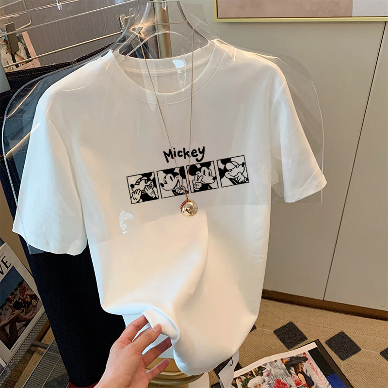 Cartoon white short sleeved t-shirt women's loose summer 2025 new round neck slimming student versatile base shirt top