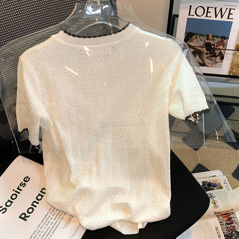 White ice silk knitted short sleeved T-shirt for women's summer 2023 new top design, niche loose round neck White ice silk knitted short sleeved T-shirt for women's summer 2023 new top design, niche loose round neck