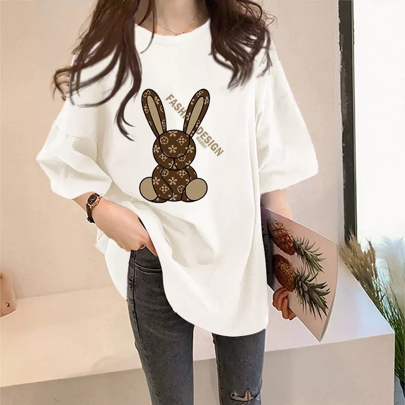 White short sleeved t-shirt, female rabbit cartoon, 2023 new style, spring and summer European goods, large edition, loose, medium and long top, trendy