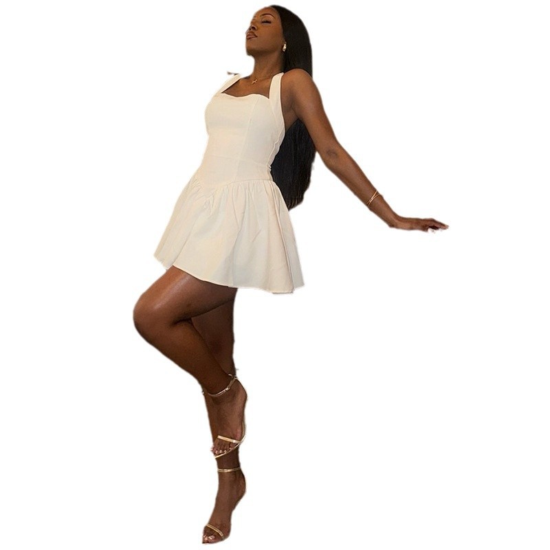 European and American style ins foreign trade women's fashion trend solid color dress sexy suspender one collar sleeveless backless A-line skirt European and American style ins foreign trade women's fashion trend solid color dress sexy suspender one collar sleeveless backless A-line skirt