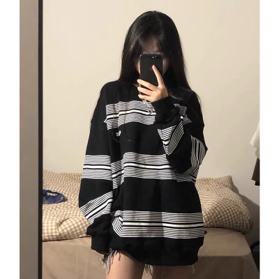 Trendy American Retro Hiphop Long Sleeve Couple Striped Hoodie Women's Trendy Ins Loose BF Lazy Style Top Trendy