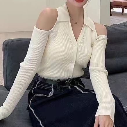 2025 early autumn new Hong Kong style sexy off shoulder polo collar niche temperament slim fit knit sweater top women's clothing