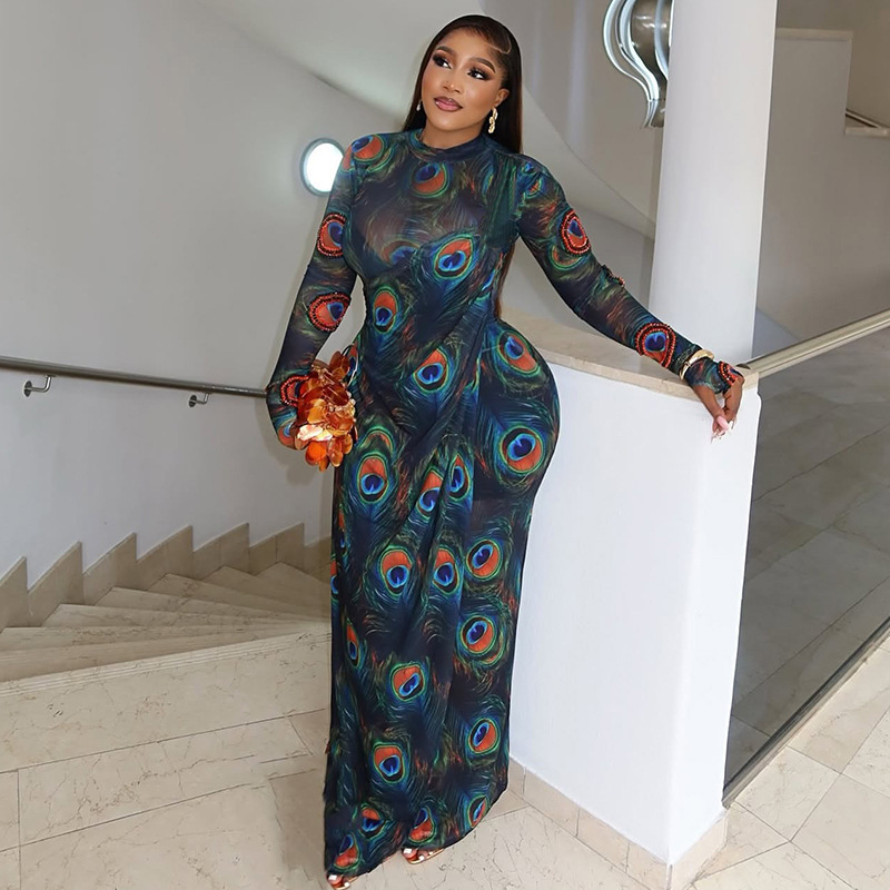 European and American style foreign trade personality temperament women's printed sexy bag skirt slightly transparent high neck long sleeved slim fit dress trendy