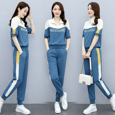 Fashion suit women's summer 2022 Korean version new style anti-aging western-style letter five quarter sleeve top, bound leg pants two-piece set Fashion suit women's summer 2022 Korean version new style anti-aging western-style letter five quarter sleeve top, bound leg pants two-piece set
