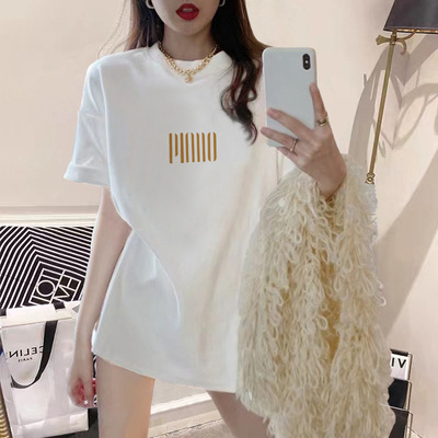 2023 new spring and summer white t-shirt for women, short sleeved loose fit for students, versatile mid to long half sleeved top clothes, trendy Instagram