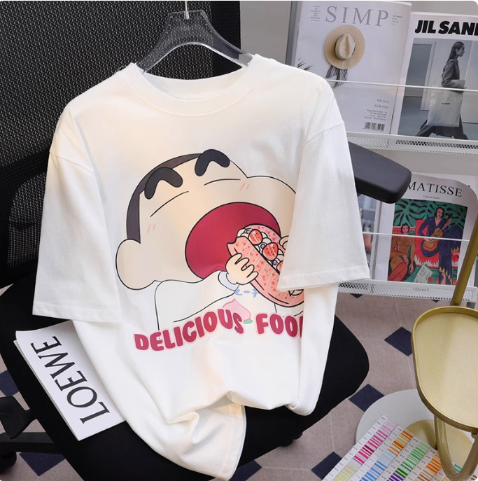 2025 new cartoon crayon small new loose niche short sleeved t-shirt women's round neck versatile couple top summer
