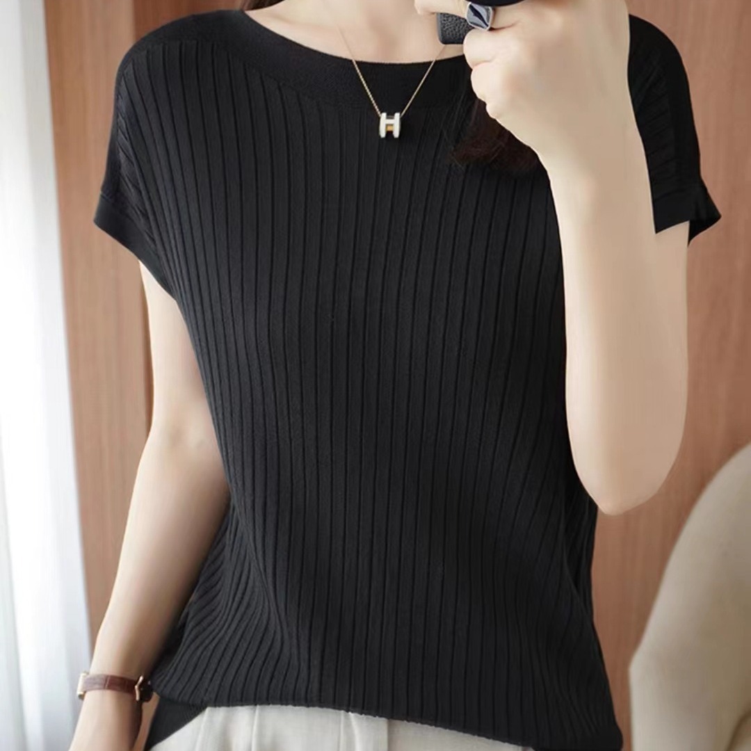 One neck ice silk knitted short sleeved women's summer thin style versatile T-shirt top 2023 new loose half sleeved