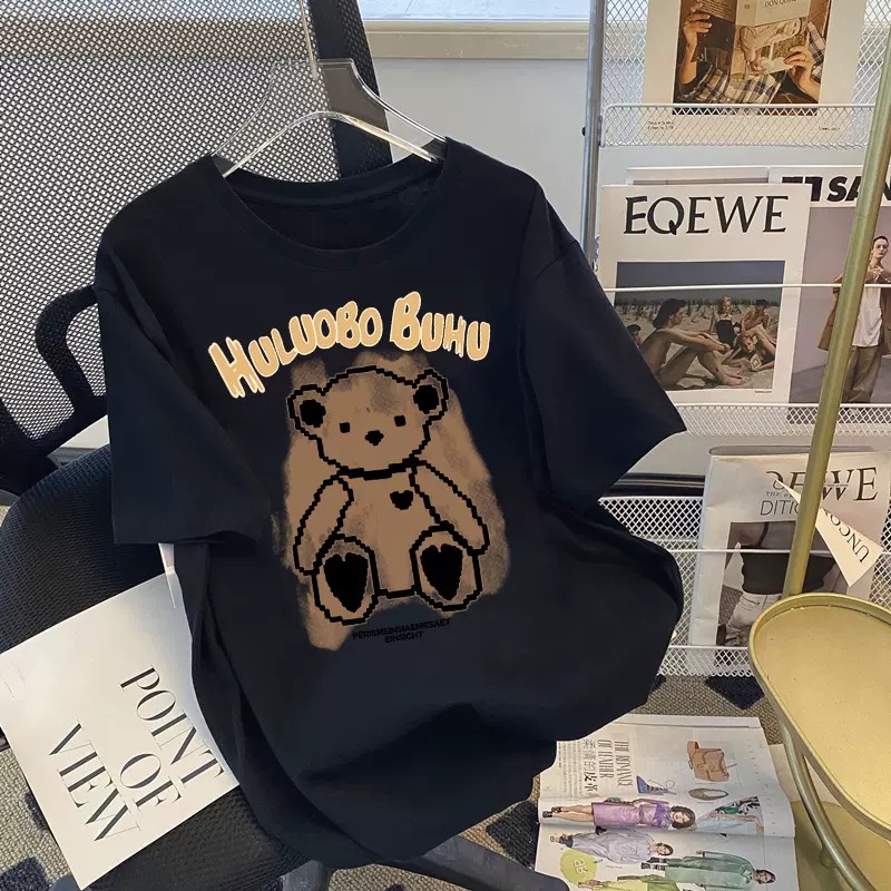Little Bear Short sleeved T-shirt for Women 2023 Summer New Korean Edition Loose American Retro Look Thin Half Sleeve Clothes Ins Trendy