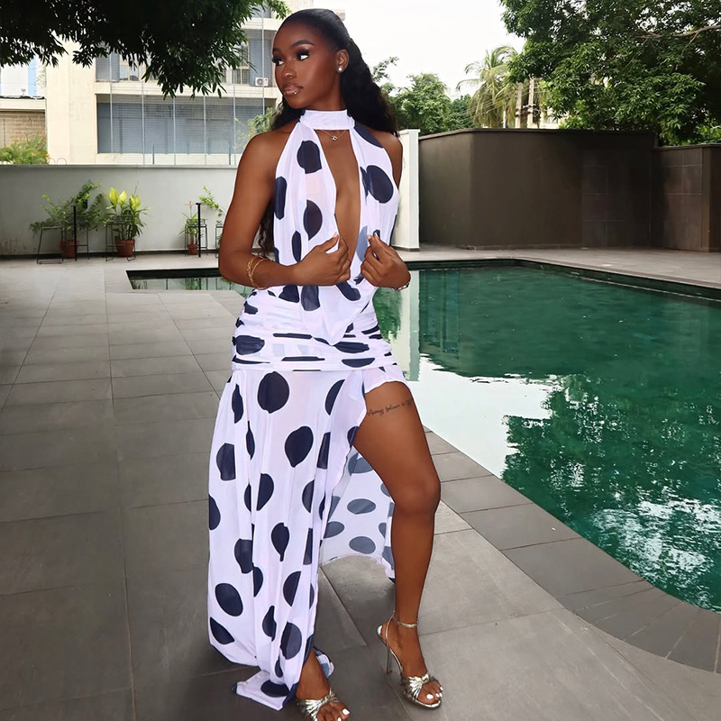 European and American style cross-border black and white polka dot women's clothing with slit print street irregular skirt, high neck lace up backless dress