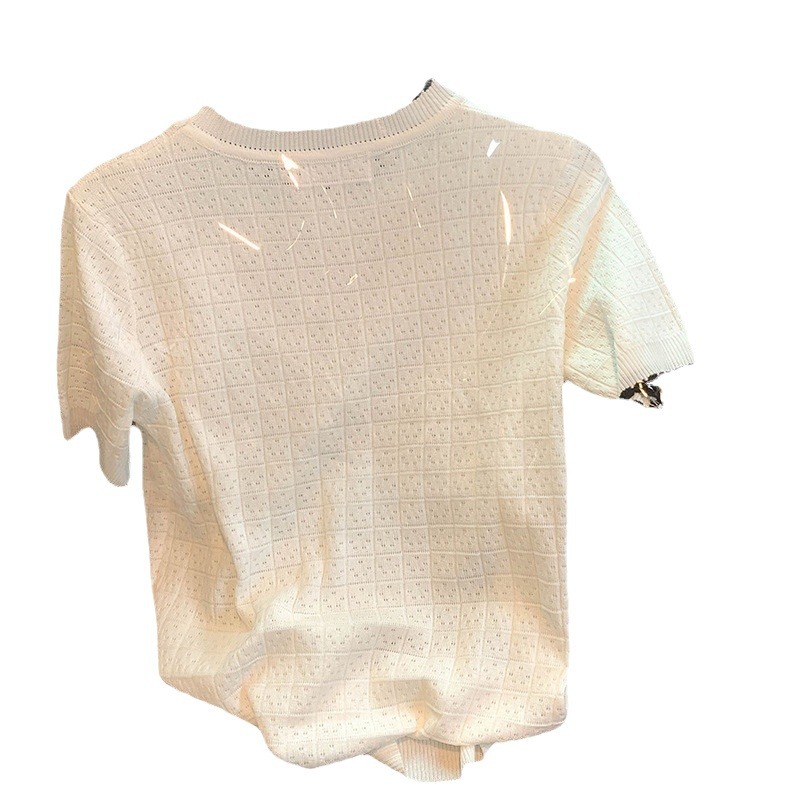 White ice silk knitted short sleeved T-shirt for women's summer 2023 new top design, niche loose round neck White ice silk knitted short sleeved T-shirt for women's summer 2023 new top design, niche loose round neck