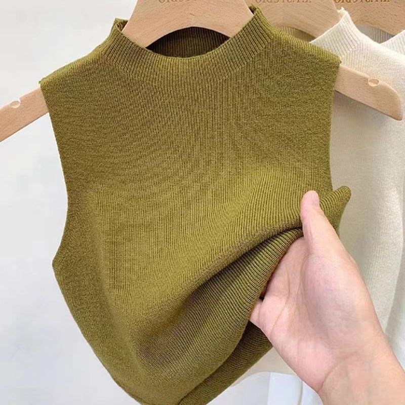 Half high neck sleeveless vest for women in summer, slim fit suit for outer wear, spring and autumn base shirt for inner wear, short T-shirt, knitted top