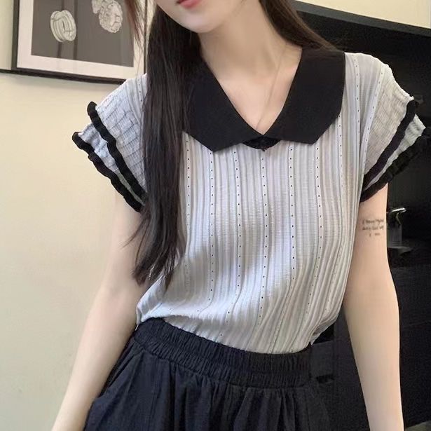 Design sense niche POLO collar contrasting short sleeved knitted sweater for women's summer new unique and chic casual versatile top