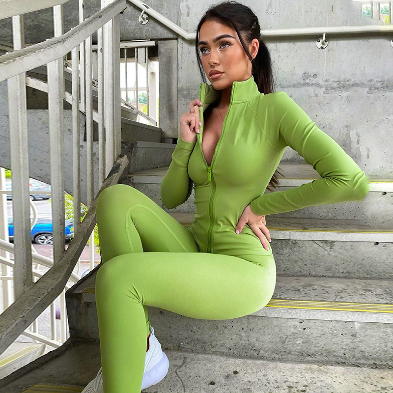 European and American Cross border 2024 Autumn New Solid Color Zipper Stand up Collar Sports Coat Fitness Yoga Suit Pants Set Trendy