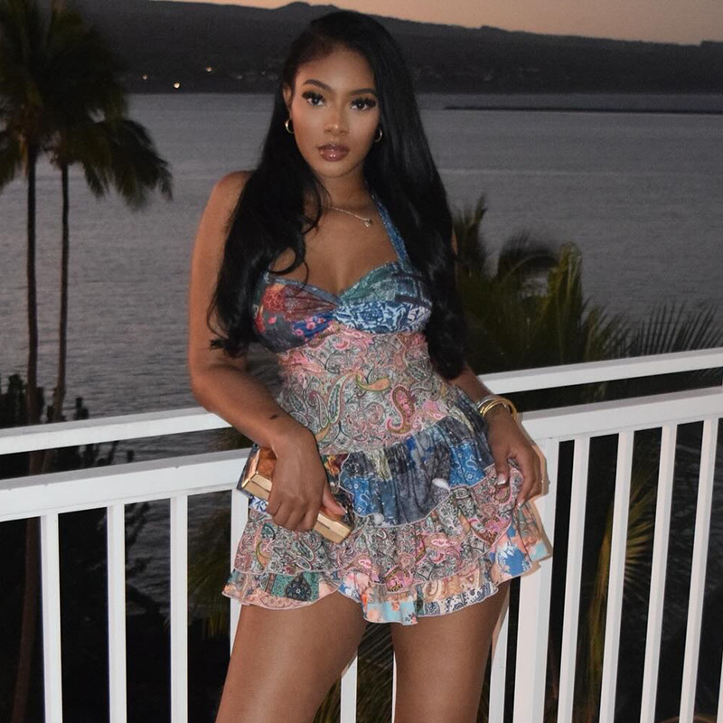 Cross border fresh abstract printed ruffle A-line skirt with hanging neck and exposed back short dress for casual vacation women's wear in Europe and America