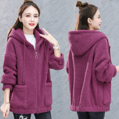 Lamb fleece hoodie for women with thickened fleece 2023 new autumn and winter loose Korean zipper cardigan warm jacket trend