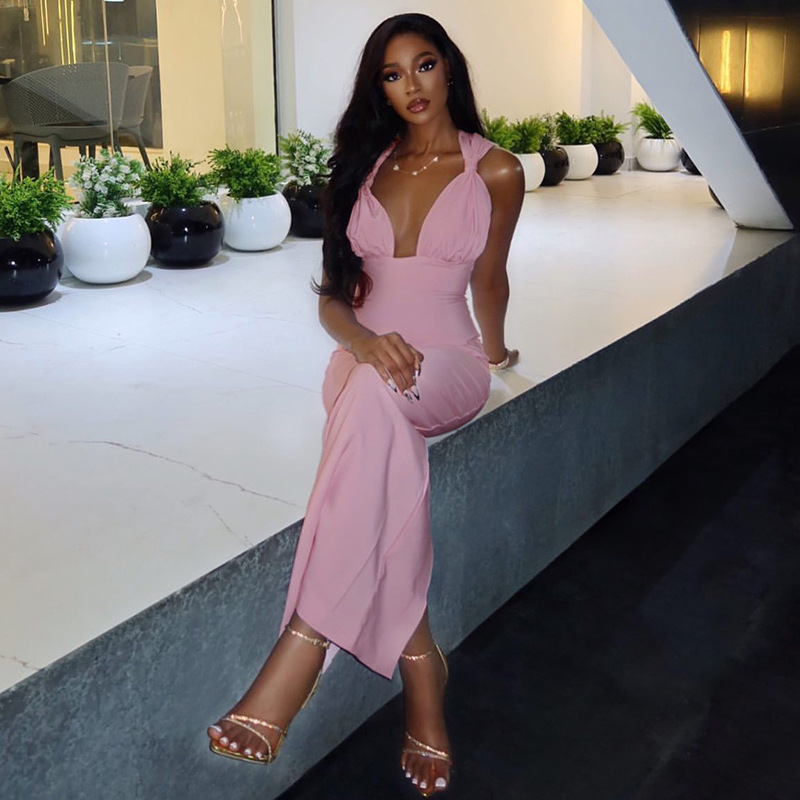 European and American style ins foreign trade solid color casual women's clothing pleated chest wrapped hip skirt with waist cinched V-neck hanging neck long dress trendy