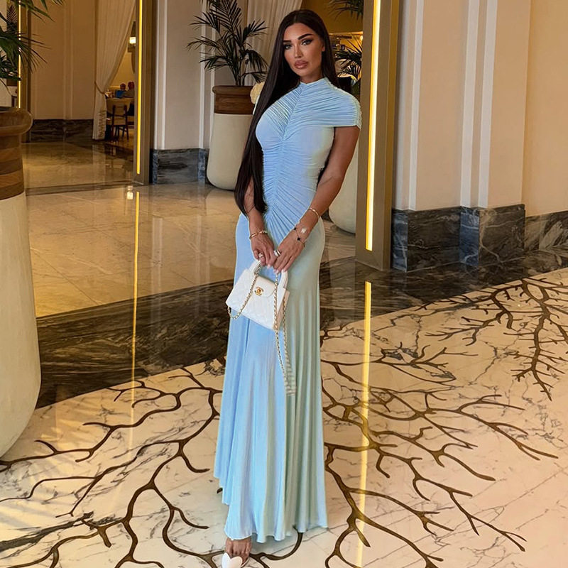 European and American style foreign trade elegant and fresh women's pleated solid color hanging hip skirt slim fit high neck short sleeved long dress