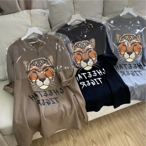 2022 summer outfit new oversized tiger head cartoon print loose and thick short sleeved T-shirt top summer trend