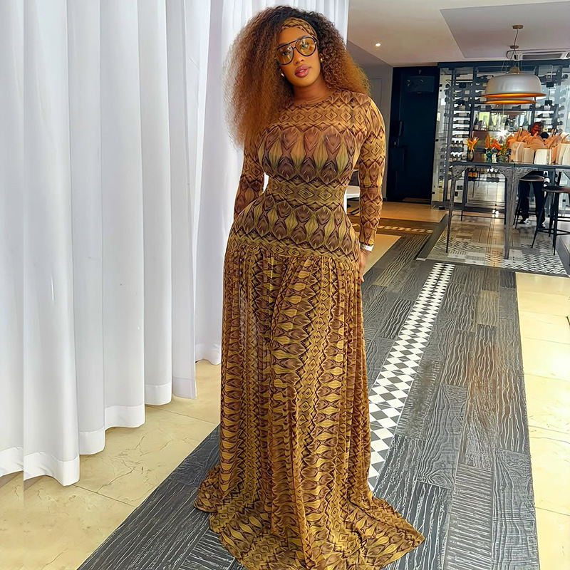 European and American style ins foreign trade retro elegant women's clothing with waist cinching, slimming and slightly transparent A-line skirt printed round neck long sleeved dress