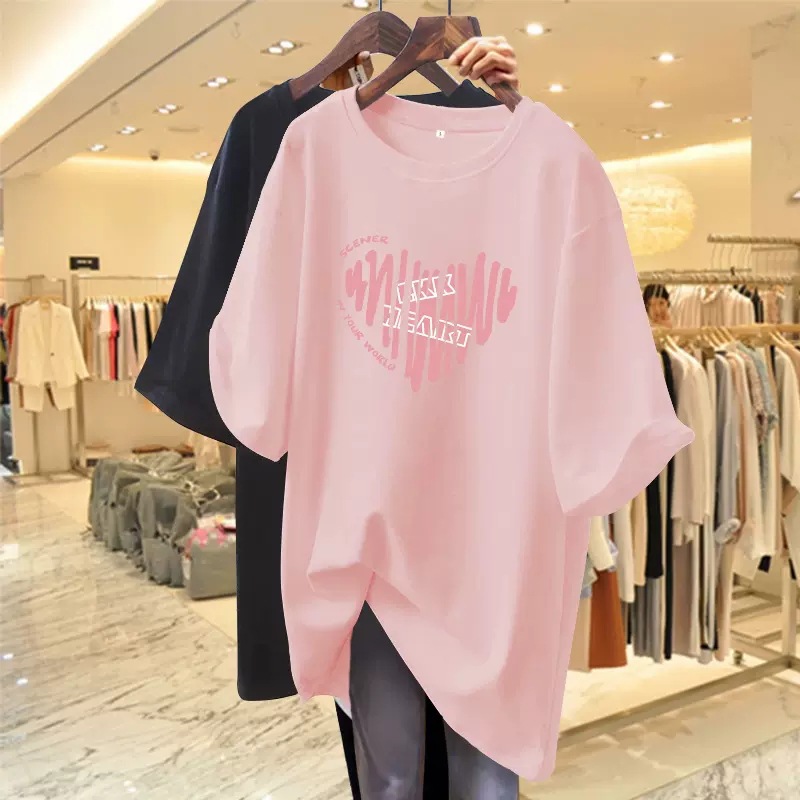 Pink T-shirt, women's summer short sleeved, 2023 new collection, heart-shaped medium to long style, loose European T-shirt, on top clothes, Instagram trendy